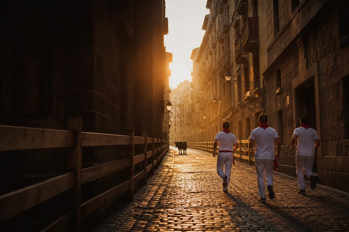 Calle histórica de Pamplona al amanecer durante el recorrido del encierro de San Fermín