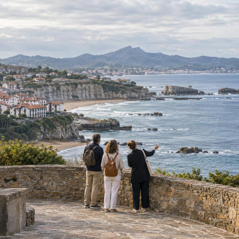 Experiencia cultural a medida Visitantes y guía local contemplan la costa del País Vasco francés