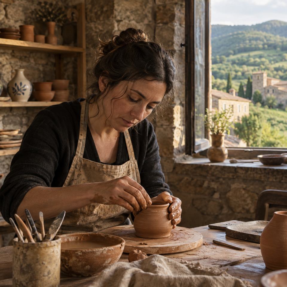 Experiencia cultural a medida Artesana trabajando la cerámica en un taller tradicional del Reino de Navarra