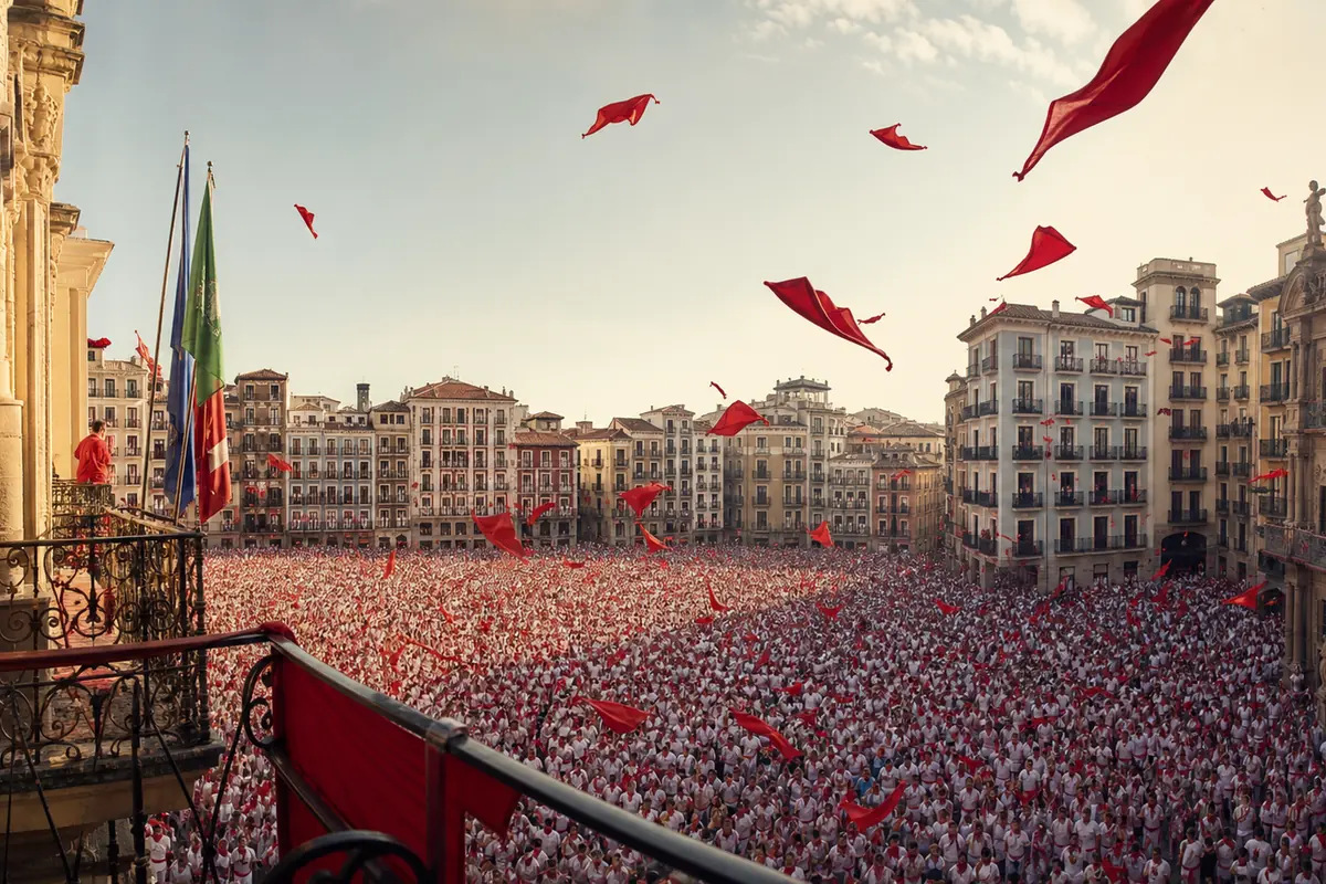 Plaza del Ayuntamiento de Pamplona durante el Chupinazo de San Fermín
