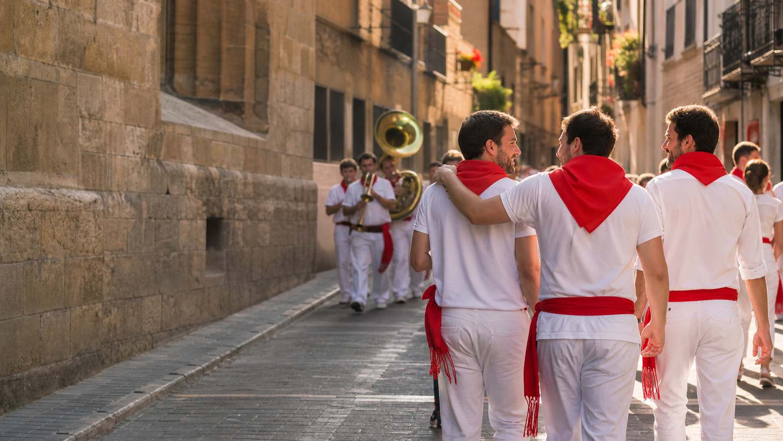Peñistas vestidos de blanco y rojo en una calle de Pamplona durante San Fermín